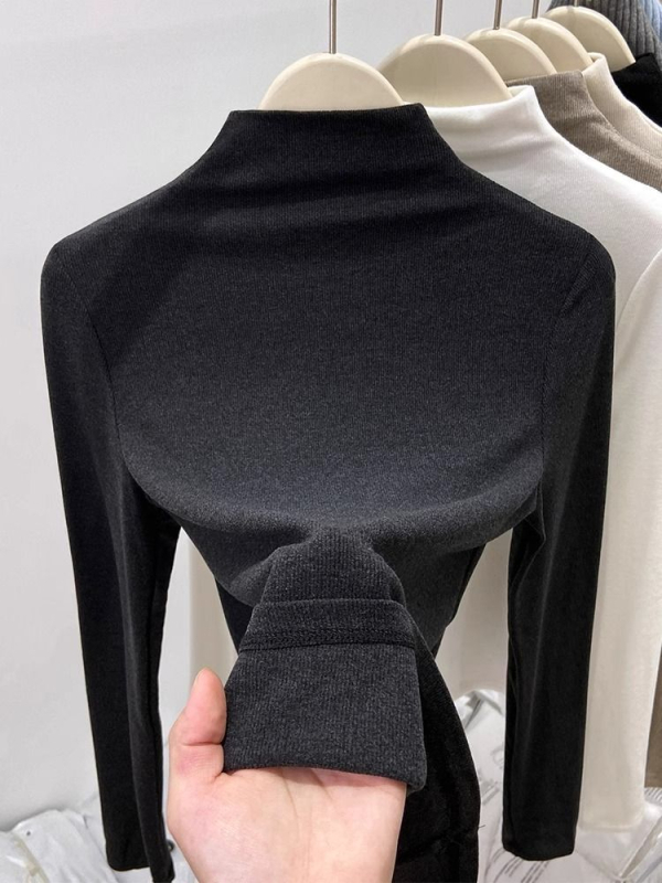 Ženski T‑shirt s dugim rukavima, polu-visoki ovratnik, uski kroj, brushed njemački velur