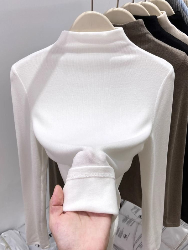 Ženski T‑shirt s dugim rukavima, polu-visoki ovratnik, uski kroj, brushed njemački velur