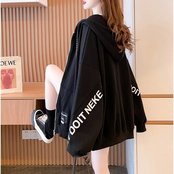 Ženski fleece kapuljačasti kardigan-svijet s printom slovima, slobodan kroj, srednja duljina, dugi rukavi, zatvarač, pamuk-poliester smjesa