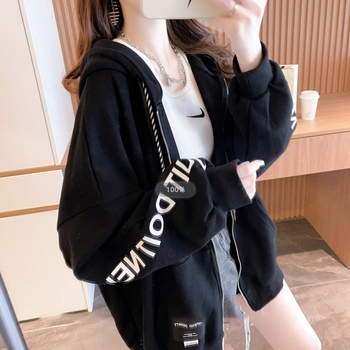 Ženski fleece kapuljačasti kardigan-svijet s printom slovima, slobodan kroj, srednja duljina, dugi rukavi, zatvarač, pamuk-poliester smjesa