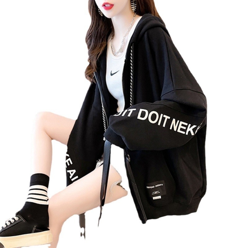 Ženski fleece kapuljačasti kardigan-svijet s printom slovima, slobodan kroj, srednja duljina, dugi rukavi, zatvarač, pamuk-poliester smjesa