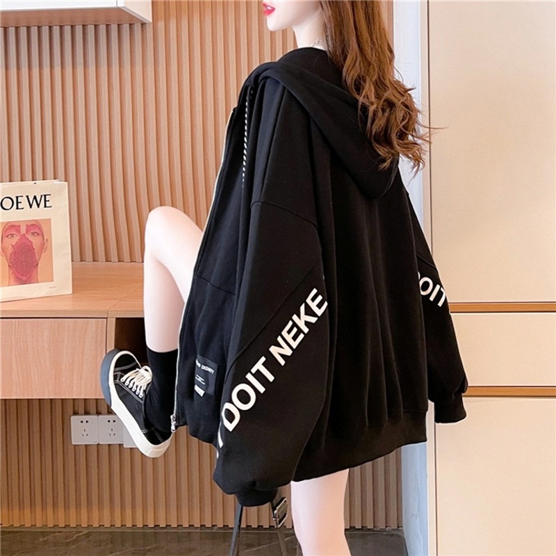 Ženski fleece kapuljačasti kardigan-svijet s printom slovima, slobodan kroj, srednja duljina, dugi rukavi, zatvarač, pamuk-poliester smjesa