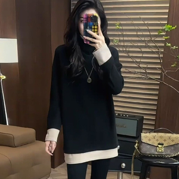 Žensko T-shirt s kapuljačom, dizajn color-block, poliester 90–95%, dugi rukav, polu-visoki ovratnik, casual stil