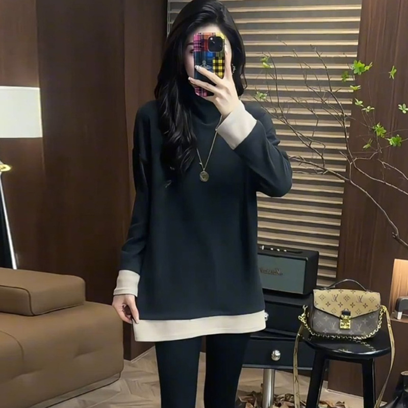 Žensko T-shirt s kapuljačom, dizajn color-block, poliester 90–95%, dugi rukav, polu-visoki ovratnik, casual stil