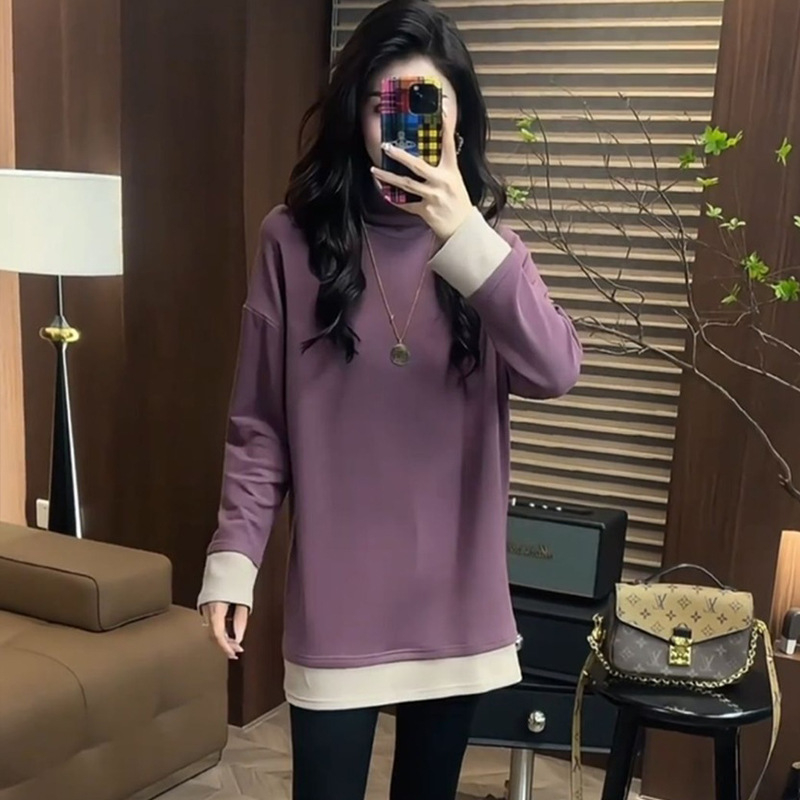 Žensko T-shirt s kapuljačom, dizajn color-block, poliester 90–95%, dugi rukav, polu-visoki ovratnik, casual stil