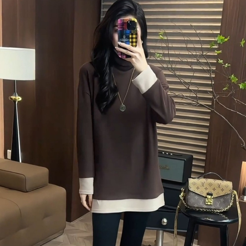 Žensko T-shirt s kapuljačom, dizajn color-block, poliester 90–95%, dugi rukav, polu-visoki ovratnik, casual stil