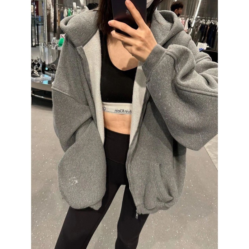 Hoodie s kapuljačom na zip, fleec podstava, pamuk, ležerni kroj, dugi rukavi, zima 2023