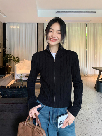 Cardigan sa zipom, twist pletenina, uska silueta, dugi rukavi, mješavina viskoze i akrila