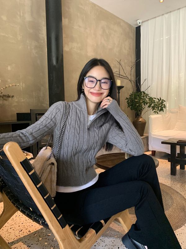 Cardigan sa zipom, twist pletenina, uska silueta, dugi rukavi, mješavina viskoze i akrila