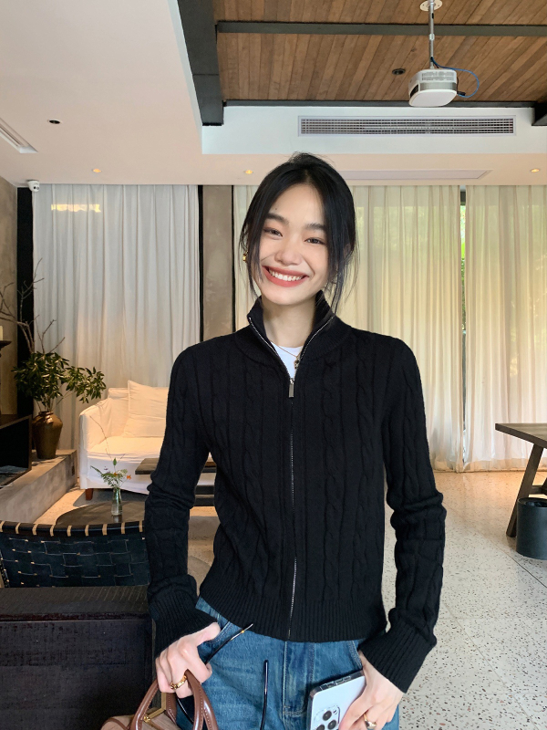 Cardigan sa zipom, twist pletenina, uska silueta, dugi rukavi, mješavina viskoze i akrila