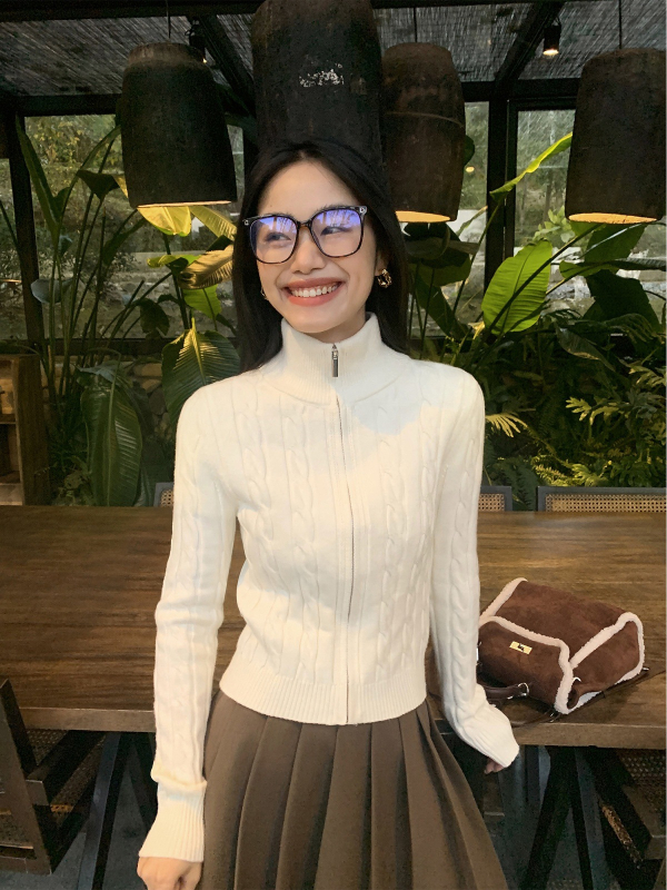 Cardigan sa zipom, twist pletenina, uska silueta, dugi rukavi, mješavina viskoze i akrila