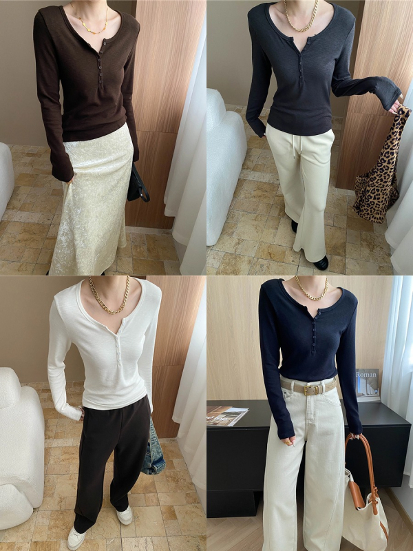 Tricou din viscoză cu decolteu în V, căptușit cu fleece, design cu panouri, mâneci lungi, lungime standard