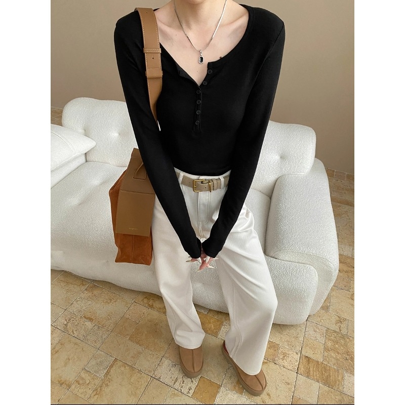 Tricou din viscoză cu decolteu în V, căptușit cu fleece, design cu panouri, mâneci lungi, lungime standard