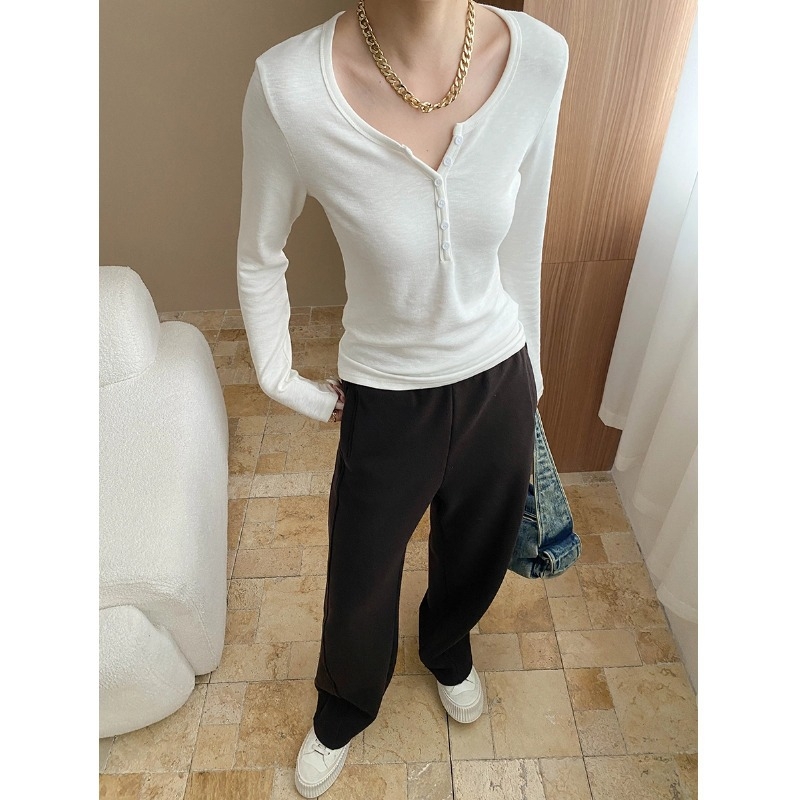 Tricou din viscoză cu decolteu în V, căptușit cu fleece, design cu panouri, mâneci lungi, lungime standard