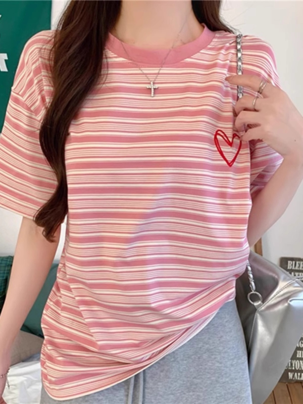 Женска тениска с къс ръкав, полиестер, на райета, кръгло деколте, свободен силует