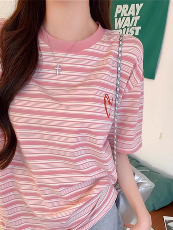 Женска тениска с къс ръкав, полиестер, на райета, кръгло деколте, свободен силует