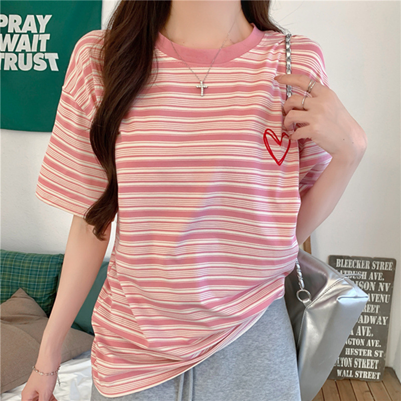 Женска тениска с къс ръкав, полиестер, на райета, кръгло деколте, свободен силует