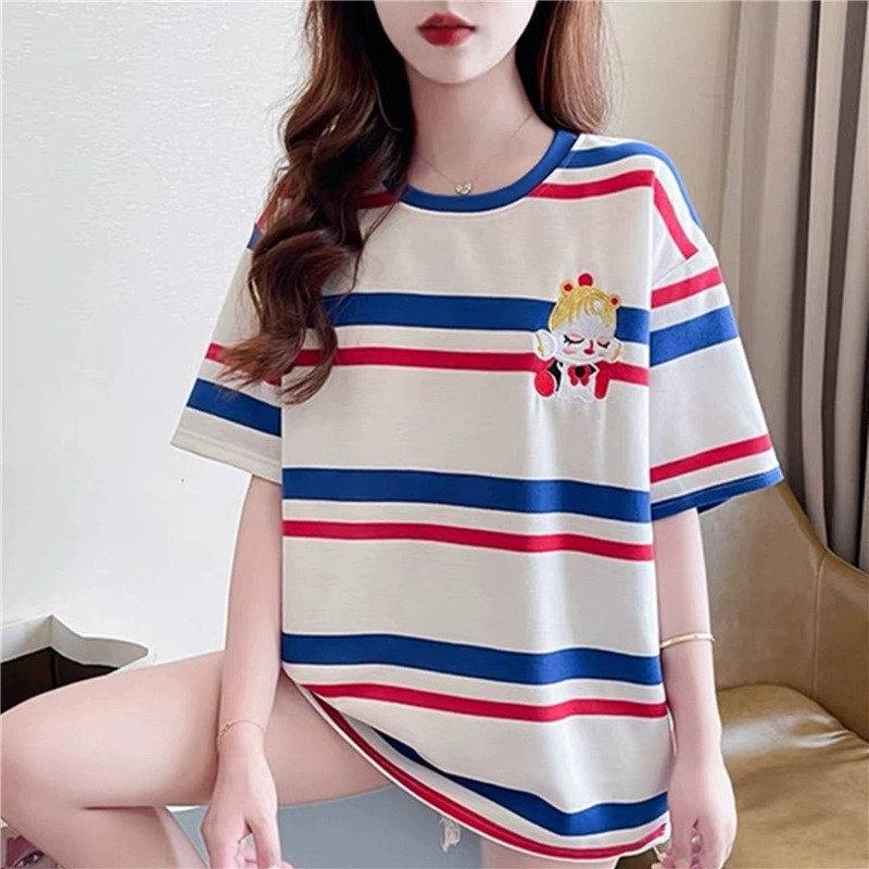 Женска тениска с къс ръкав, полиестер, на райета, кръгло деколте, свободен силует