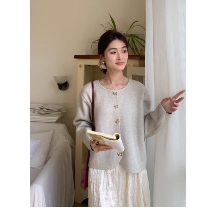 Pulover-cardigan pentru femei cu guler polo, tricot mercerizat din PVC, mâneci lungi, iarnă 2024