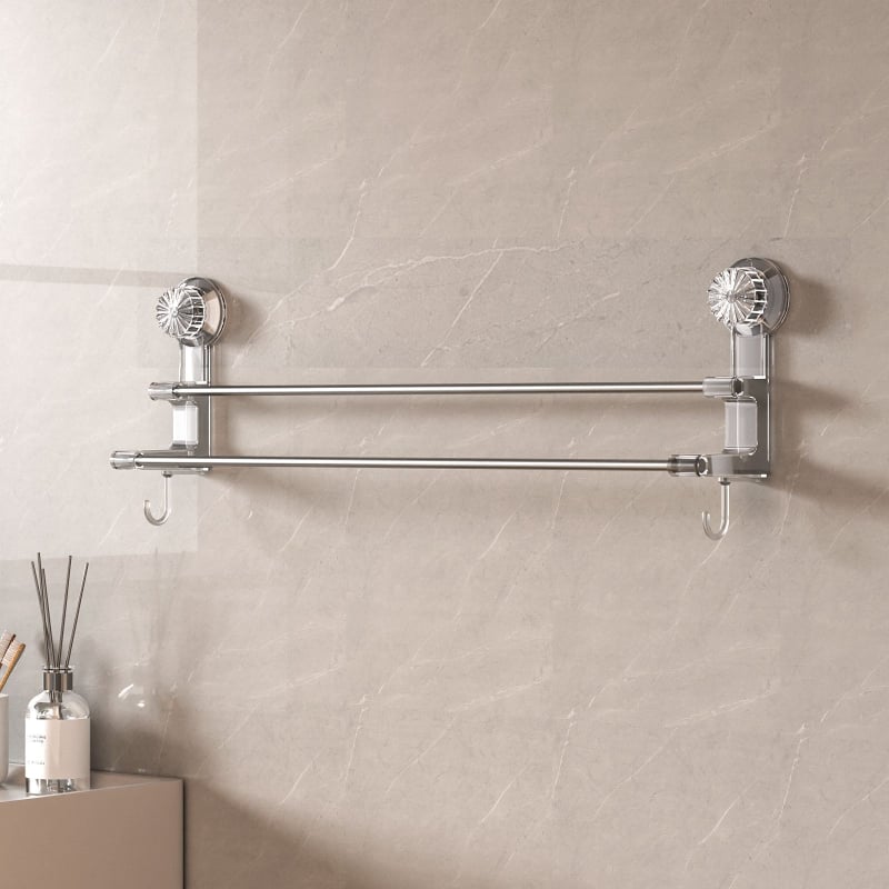 Suport pentru prosoape cu două bare și ventuză – spațiu de depozitare pentru baie cu cârlige; dual pentru prosoape uscate și ude; materiale: plastic și oțel inoxidabil; 60 buc./cutie.