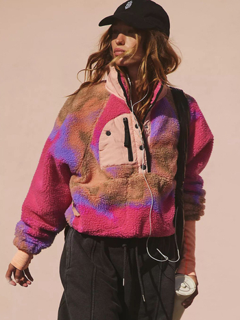 Ženska polarna fleece jakna sa stojećim ovratnikom, slobodan kroj, patchwork šavovi i džepovi