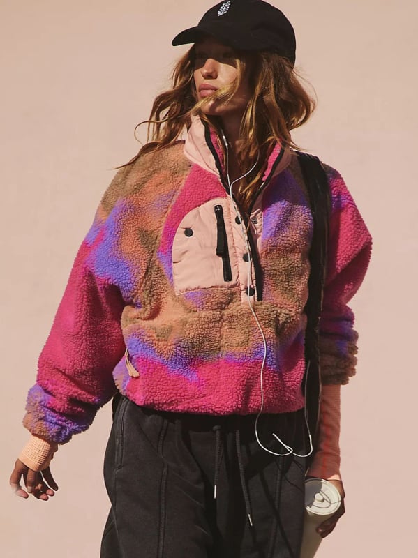 Ženska polarna fleece jakna sa stojećim ovratnikom, slobodan kroj, patchwork šavovi i džepovi