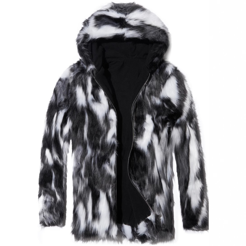 Muški kaput od umjetne krznene s kapuljom, kopčanje s rogovim tipom, slim fit, dugački kroj