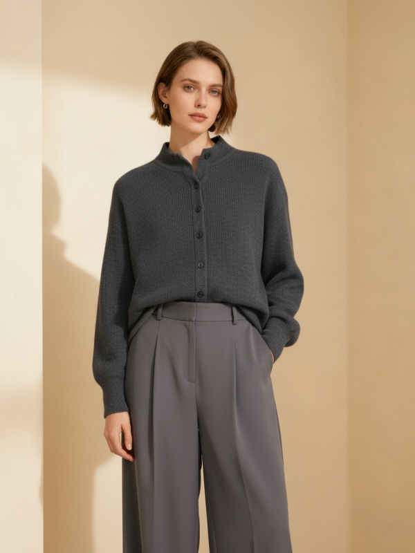 Cardigan od Merino vune, stojeći ovratnik, dugi rukavi, slobodan kroj, jednobojan