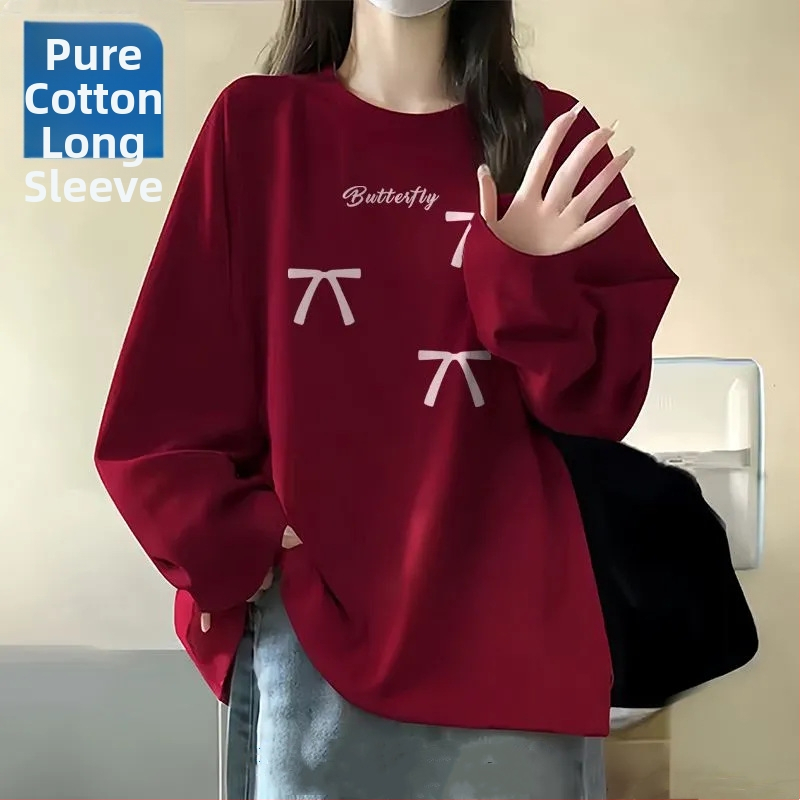 Majica s dugim rukavima od 100% pamuka, korejski stil, opušten kroj, za proljeće i jesen, okrugli izrez, osnovni gornji dio za studente