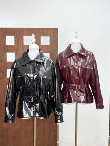Ženska jakna od umjetne kože, slim-fit, rever, normalna duljina, pojas uključen