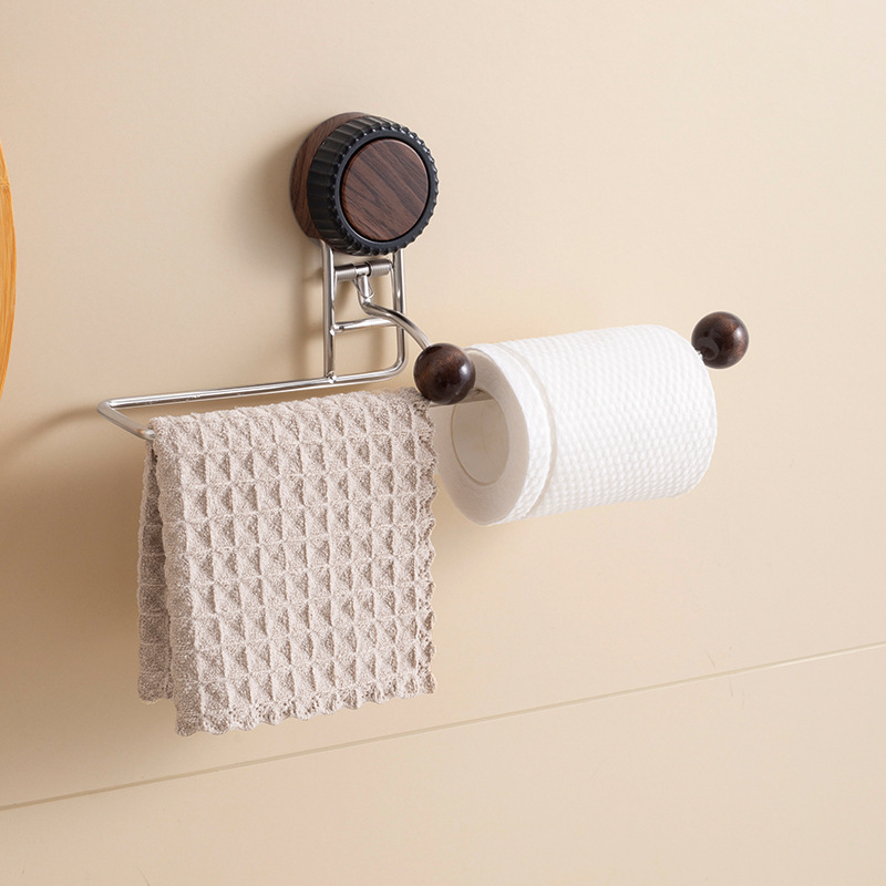 Raft de depozitare pe perete, aspect lemn nuc, cu montare cu ventuză, suport pentru papuci și prosoape, cârlig pentru role de bucătărie; din plastic și oțel inoxidabil; personalizabil de Selection (marcă privată autorizată)