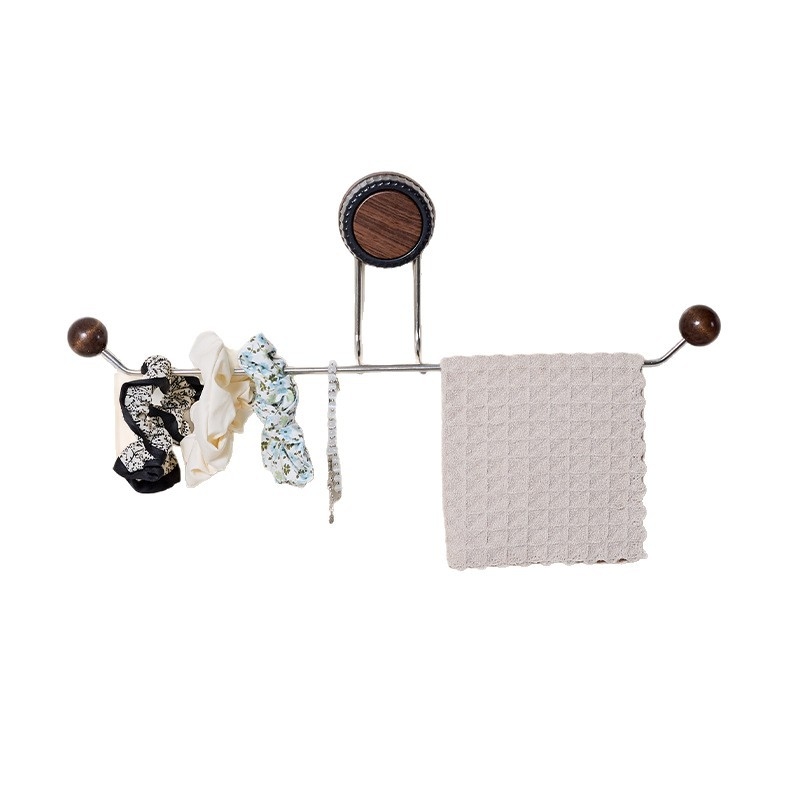 Raft de depozitare pe perete, aspect lemn nuc, cu montare cu ventuză, suport pentru papuci și prosoape, cârlig pentru role de bucătărie; din plastic și oțel inoxidabil; personalizabil de Selection (marcă privată autorizată)