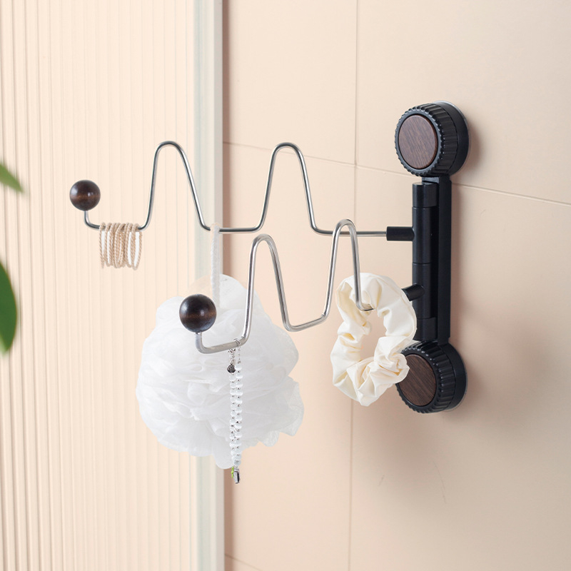 Raft de depozitare pe perete, aspect lemn nuc, cu montare cu ventuză, suport pentru papuci și prosoape, cârlig pentru role de bucătărie; din plastic și oțel inoxidabil; personalizabil de Selection (marcă privată autorizată)