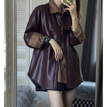 Ženska PU kožna jakna s produženom dužinom — retro stil, polo ovratnik, dugi rukavi, panelno šivanje