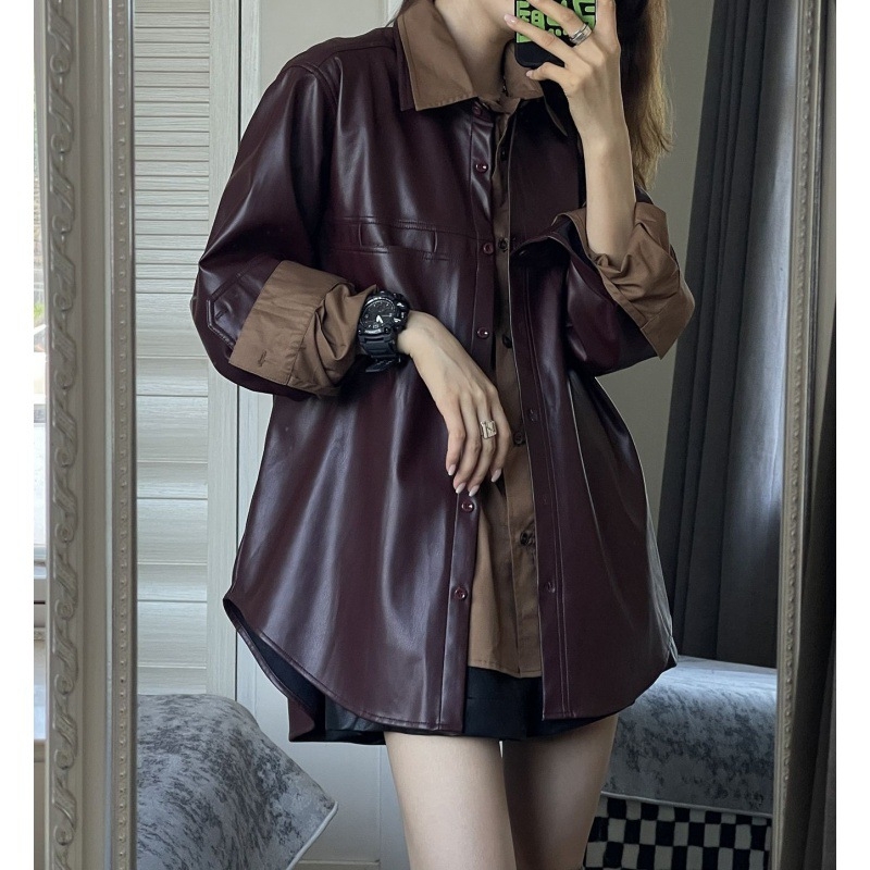 Ženska PU kožna jakna s produženom dužinom — retro stil, polo ovratnik, dugi rukavi, panelno šivanje