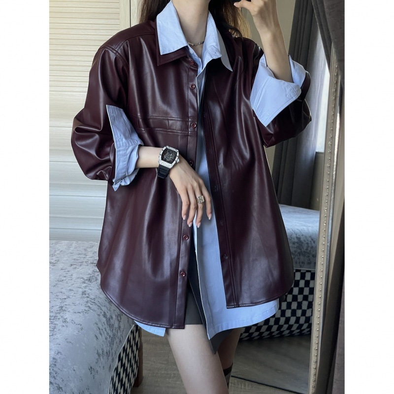 Ženska PU kožna jakna s produženom dužinom — retro stil, polo ovratnik, dugi rukavi, panelno šivanje