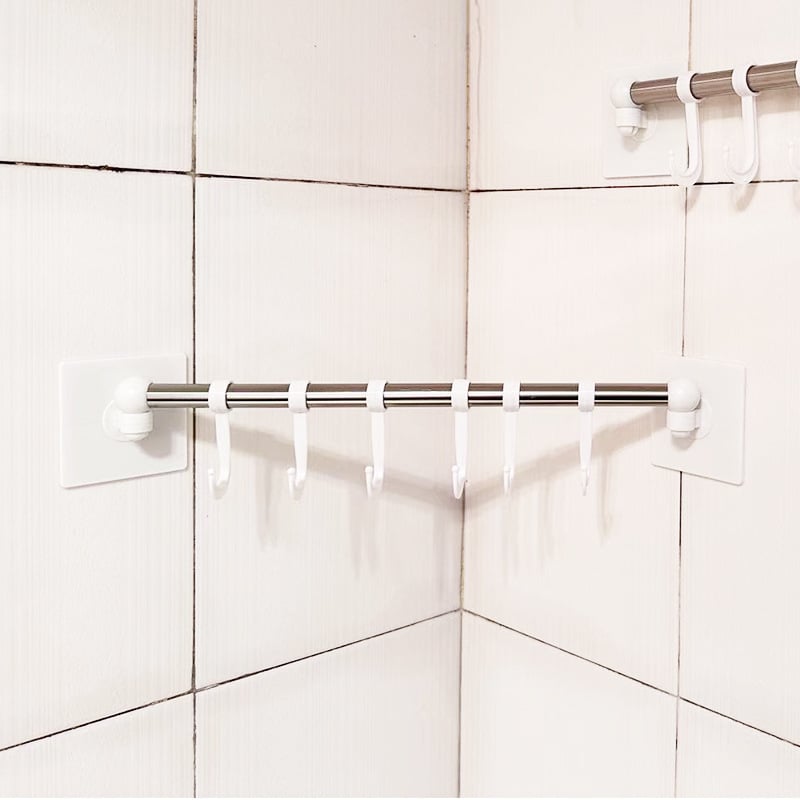 Suport de prosoape în colț, set din două piese, 6 cârlige, montaj pe perete, fără găuri, construcție turnată prin injecție din plastic, fier și PP