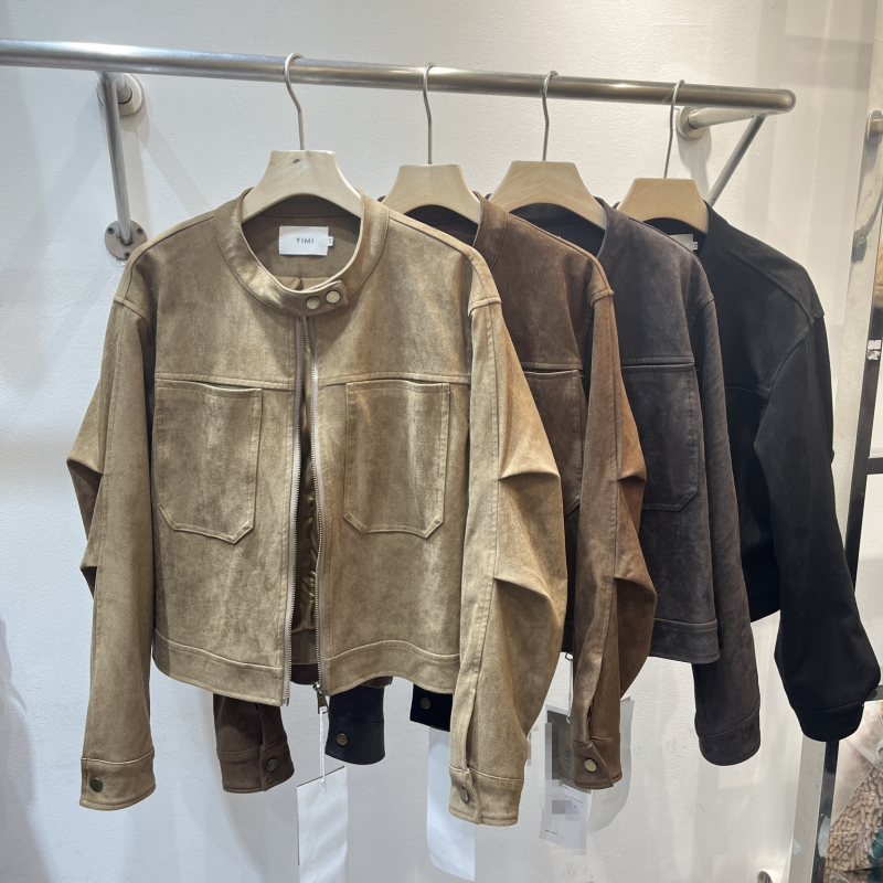 Ženska jakna za motocikle od umjetne kože s imitacijom nubuka, dugi rukavi, zatvarač, street punk stil, poliester tkanina