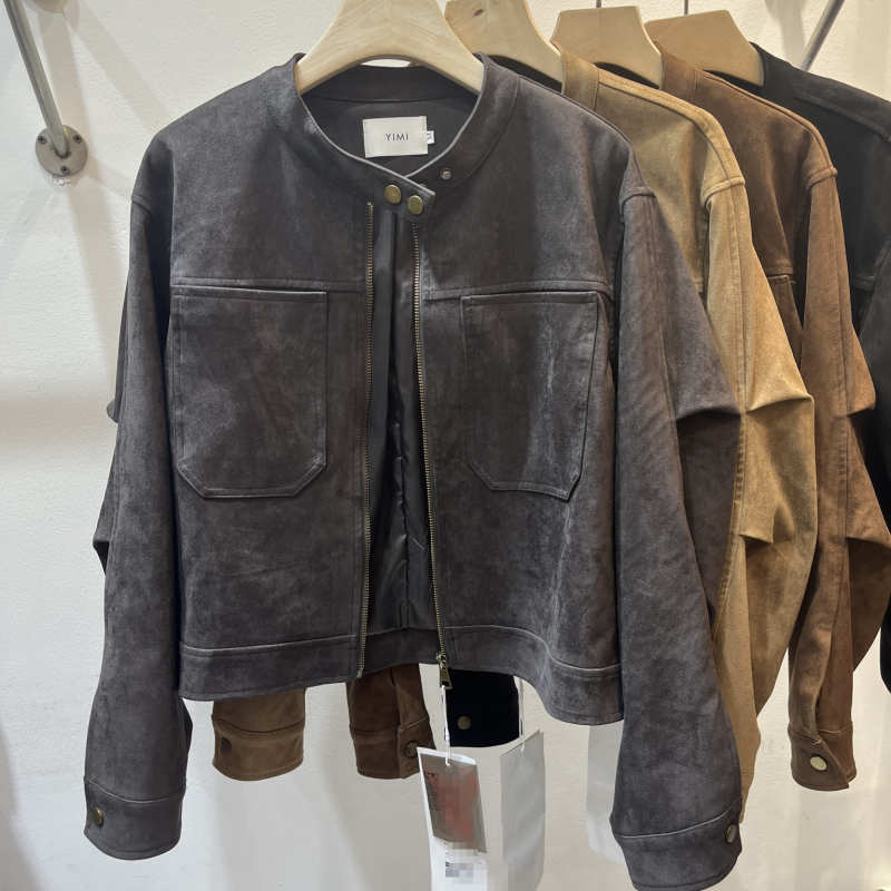 Ženska jakna za motocikle od umjetne kože s imitacijom nubuka, dugi rukavi, zatvarač, street punk stil, poliester tkanina