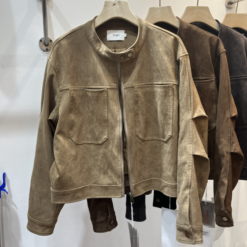 Ženska jakna za motocikle od umjetne kože s imitacijom nubuka, dugi rukavi, zatvarač, street punk stil, poliester tkanina