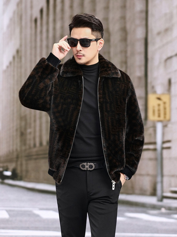 Palton bărbătesc din blană artificială cu model houndstooth, rever, fermoar, croială lejeră, pentru iarnă