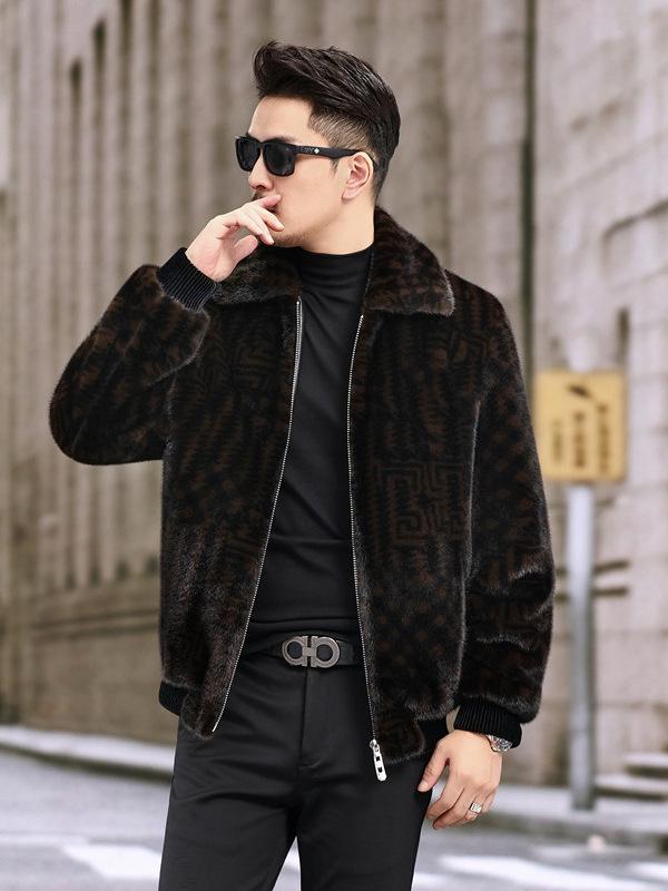 Palton bărbătesc din blană artificială cu model houndstooth, rever, fermoar, croială lejeră, pentru iarnă