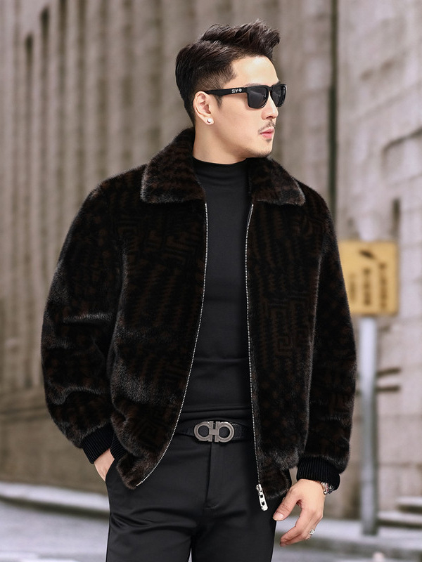 Palton bărbătesc din blană artificială cu model houndstooth, rever, fermoar, croială lejeră, pentru iarnă