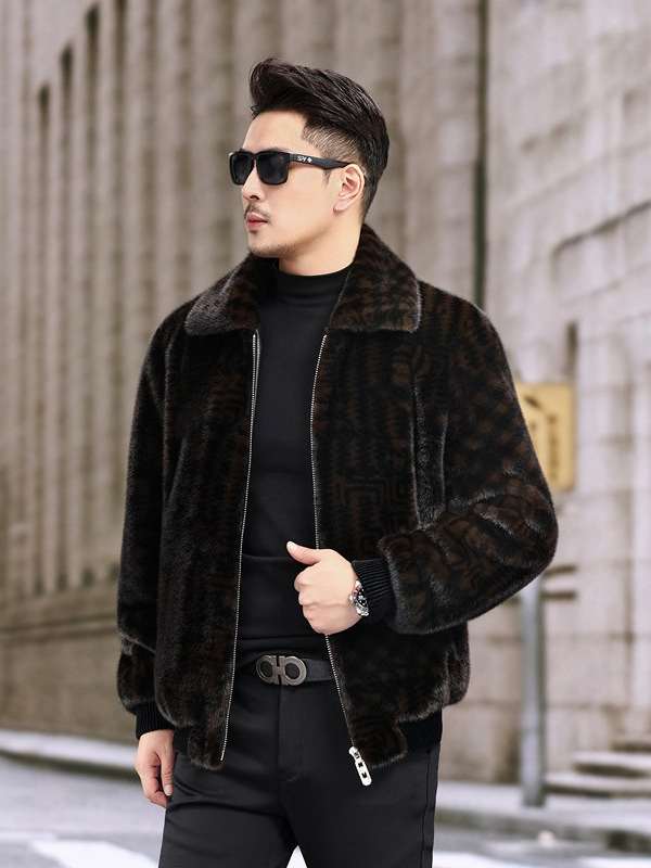 Palton bărbătesc din blană artificială cu model houndstooth, rever, fermoar, croială lejeră, pentru iarnă