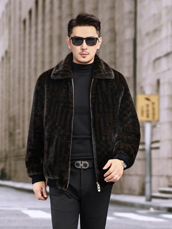 Palton bărbătesc din blană artificială cu model houndstooth, rever, fermoar, croială lejeră, pentru iarnă