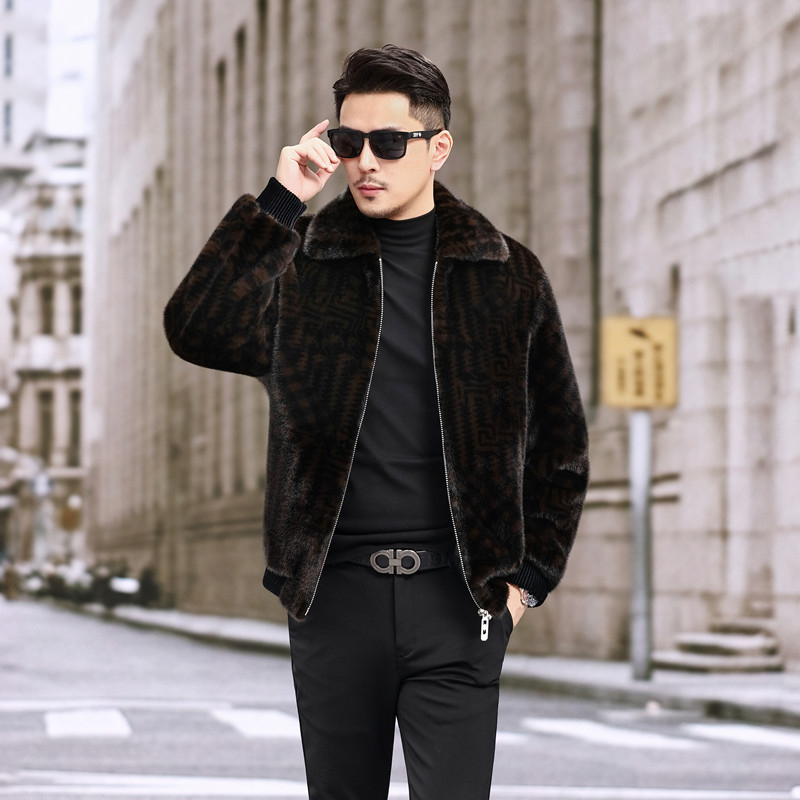 Palton bărbătesc din blană artificială cu model houndstooth, rever, fermoar, croială lejeră, pentru iarnă