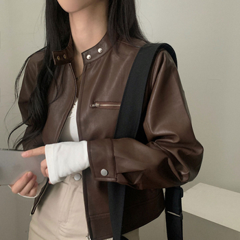 Prowow PU kožna jakna — ležerni japansko-korejski stil, okrugli ovratnik, zip zatvarač, ravni kroj, umjetna koža.