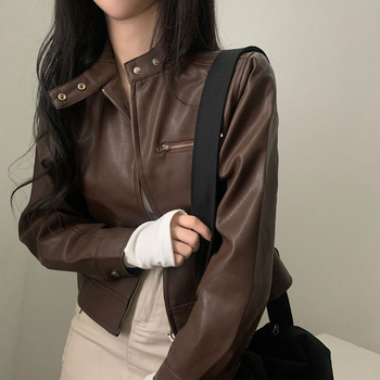 Prowow PU kožna jakna — ležerni japansko-korejski stil, okrugli ovratnik, zip zatvarač, ravni kroj, umjetna koža.
