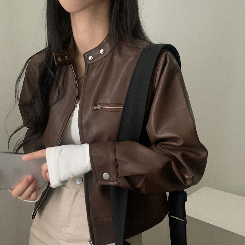 Prowow PU kožna jakna — ležerni japansko-korejski stil, okrugli ovratnik, zip zatvarač, ravni kroj, umjetna koža.