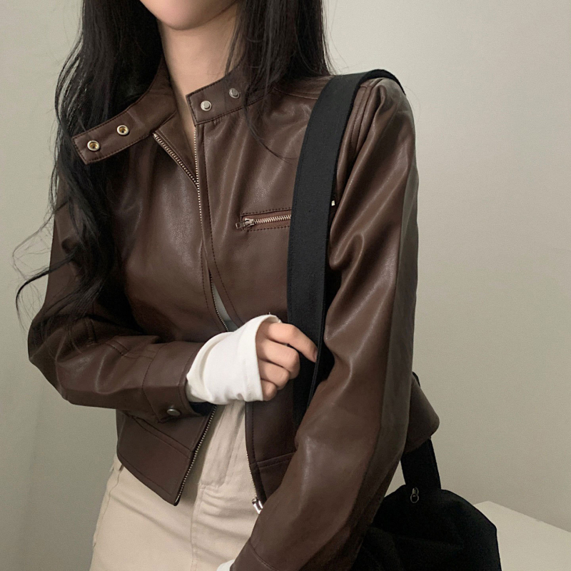 Prowow PU kožna jakna — ležerni japansko-korejski stil, okrugli ovratnik, zip zatvarač, ravni kroj, umjetna koža.